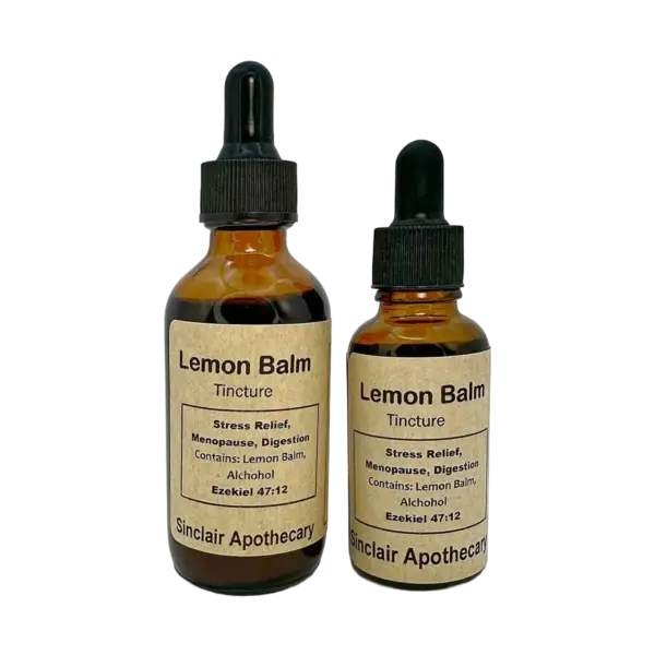 Two Sinclair Apothecary Lemon Balm Tincture bottles with labels showing health benefits and natural ingredients.