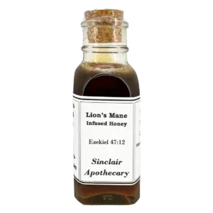 Bottle of Sinclair Apothecary Lion’s Mane Infused Honey with cork stopper with cognitive and immune health benefits.