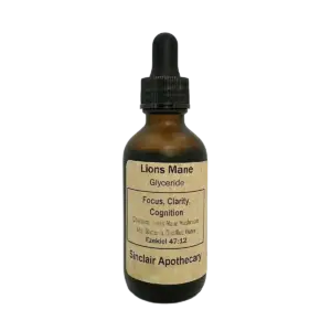 Bottle of Sinclair Apothecary Lions Mane Glyceride tincture for focus and mental clarity.