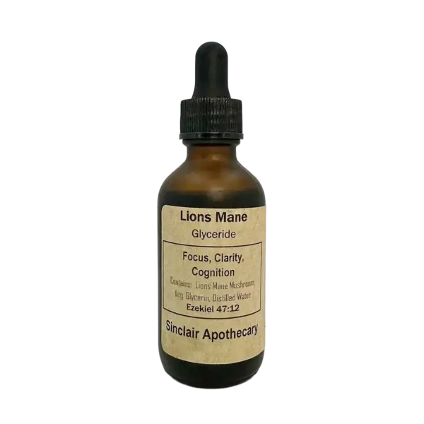 Bottle of Sinclair Apothecary Lions Mane Glyceride tincture for focus and mental clarity.
