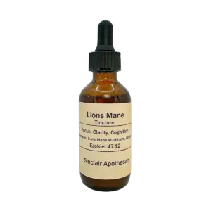 Glass dropper bottle of Sinclair Apothecary Lion’s Mane Tincture for focus and cognitive support.