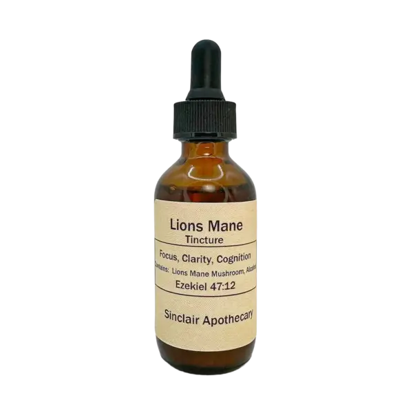 Glass dropper bottle of Sinclair Apothecary Lion’s Mane Tincture for focus and cognitive support.