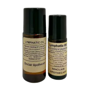 Two Sinclair Apothecary lymphatic oil bottles displaying natural ingredients and holistic wellness design.