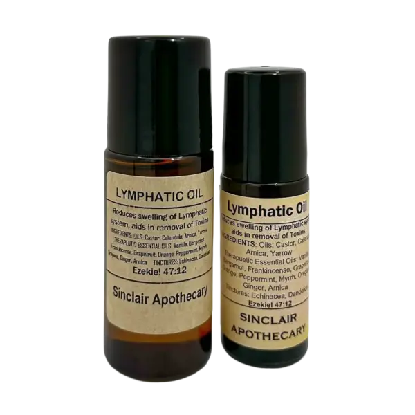 Two Sinclair Apothecary lymphatic oil bottles displaying natural ingredients and holistic wellness design.