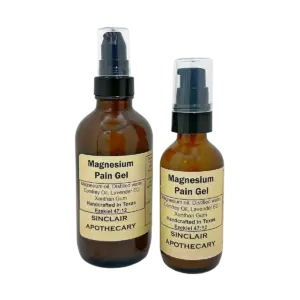 Two amber bottles of Sinclair Apothecary Magnesium Pain Gel with natural ingredients, labeled for pain relief.