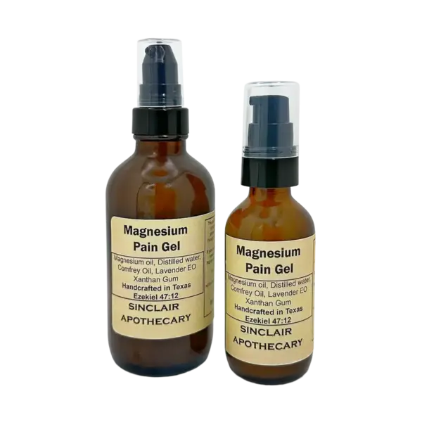 Two amber bottles of Sinclair Apothecary Magnesium Pain Gel with natural ingredients, labeled for pain relief.
