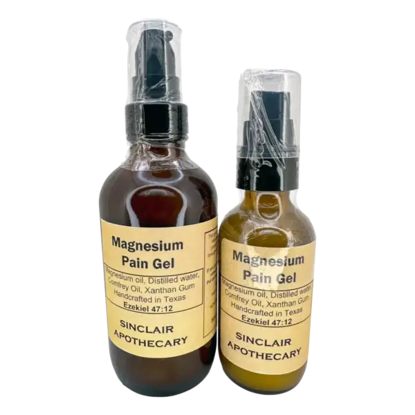 Two handcrafted Magnesium Pain Gel bottles with natural ingredients for maximum muscle pain relief