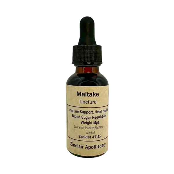 Dropper bottle of Maitake mushroom tincture supporting immunity, blood sugar, and heart health.