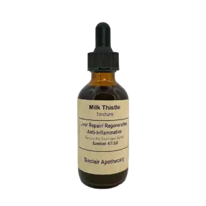 Bottle of Sinclair Apothecary milk thistle tincture for liver health on a white background.