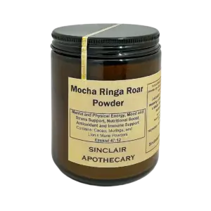 Jar of Mocha Ringa Roar Powder with cacao, moringa, and lions mane for energy, mood, and immune support.