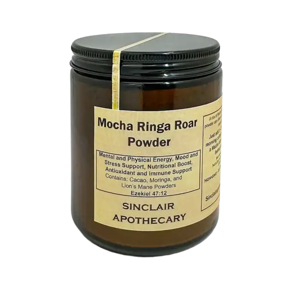 Jar of Mocha Ringa Roar Powder with cacao, moringa, and lions mane for energy, mood, and immune support.