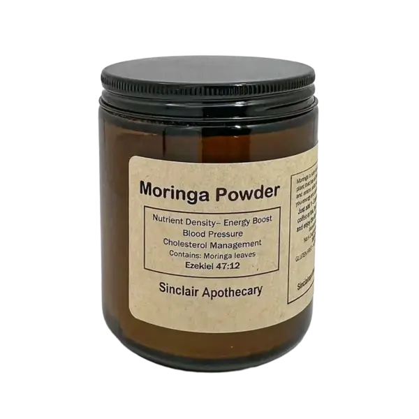 Jar of Sinclair Apothecary Moringa Powder with benefits for energy, blood pressure, and cholesterol.