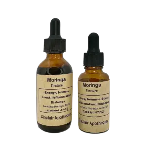 Amber bottles of Sinclair Apothecary Moringa Tincture with dropper caps and natural health benefits.