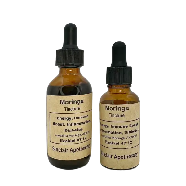 Amber bottles of Sinclair Apothecary Moringa Tincture with dropper caps and natural health benefits.