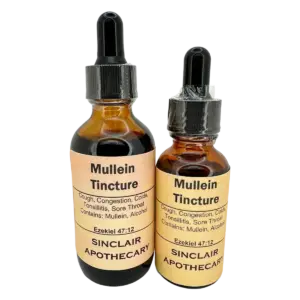 Mullein Tincture for Cough Cold and Sore Throat | Sinclair Apothecary Two bottles of Mullein Tincture for cough, cold, and sore throat from Sinclair Apothecary.