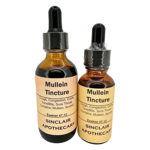 Two bottles of Mullein Tincture for cough, cold, and sore throat from Sinclair Apothecary.