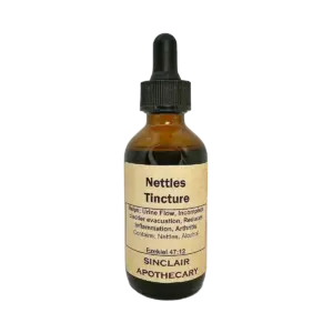 Amber herbal tincture bottle labeled Nettles Tincture for urinary health and inflammation, Sinclair Apothecary.