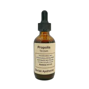 Amber glass bottle of Sinclair Apothecary Propolis Tincture with dropper for oral and immune health.