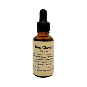 Amber glass bottle of Red Clover tincture for hormone balance and menopause, Sinclair Elderberry & Apothecary.