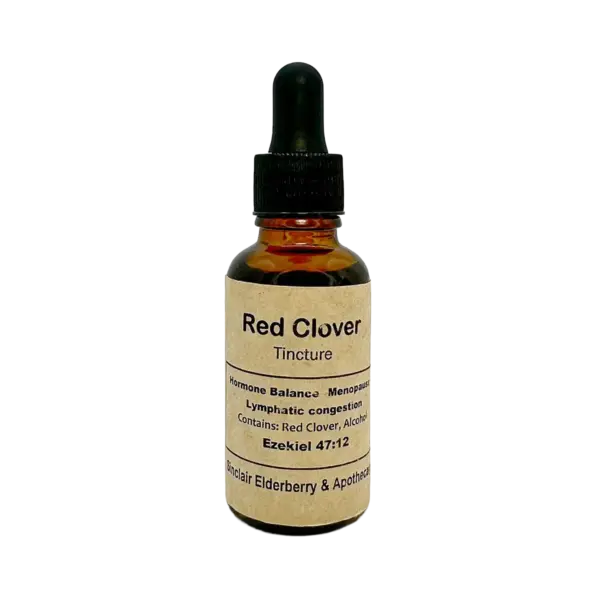 Amber glass bottle of Red Clover tincture for hormone balance and menopause, Sinclair Elderberry & Apothecary.