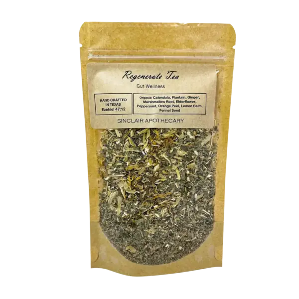 Herbal Detox Tea Packet Featuring Calendula, Ginger, Peppermint, and Fennel for Gut Wellness.