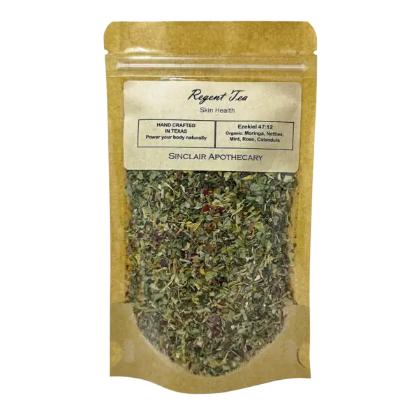 Regent Tea organic herbal blend for skin health in kraft pouch with visible herbs, featuring Sinclair Apothecary branding.