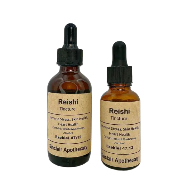 Amber glass tincture bottles containing Reishi mushroom extract, supporting immune, stress, skin, and heart health.