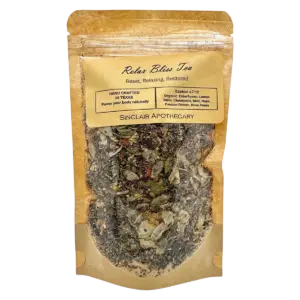 Relax Bliss Tea with organic herbs like elderflower, chamomile, mint, and lemon balm in resealable pouch.