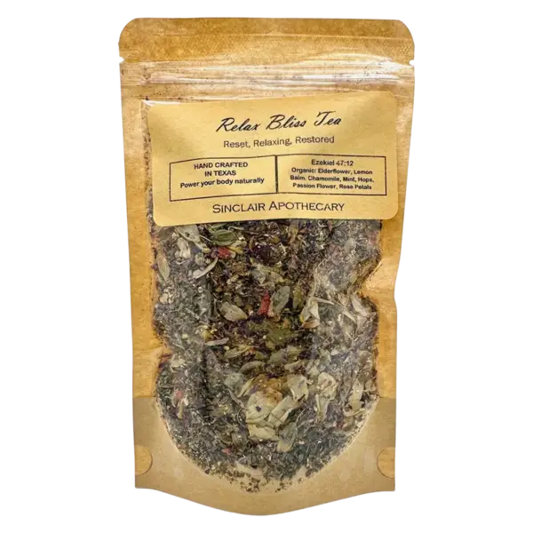 Relax Bliss Tea with Organic Calming Herbs Relax Bliss Tea with organic herbs like elderflower, chamomile, mint, and lemon balm in resealable pouch.