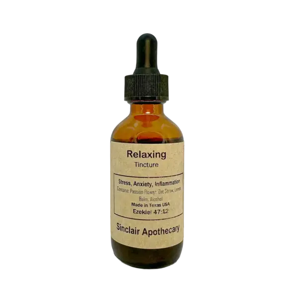 Herbal relaxing tincture with passion flower, oat straw, and lemon balm, for stress and anxiety relief.