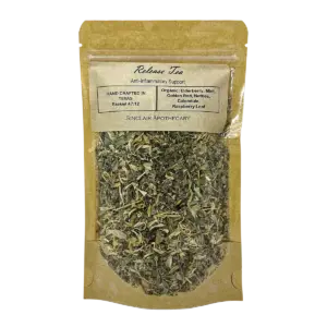 Packaging of Release Tea with herbal ingredients, eco-friendly kraft paper, and Sinclair Apothecary branding.