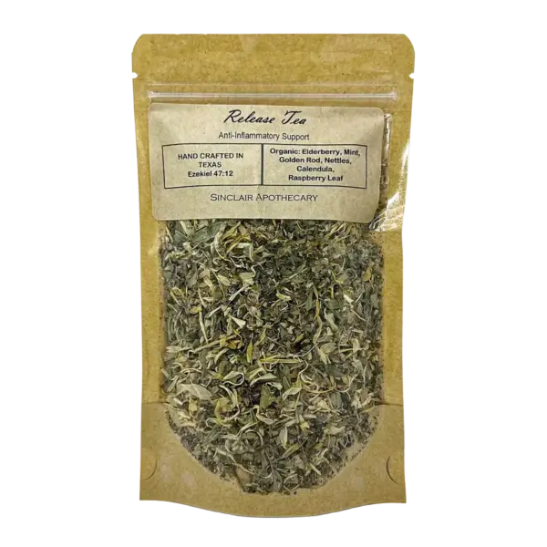 Packaging of Release Tea with herbal ingredients, eco-friendly kraft paper, and Sinclair Apothecary branding.