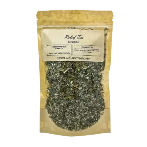 Herbal Lung Relief Tea with Elderflower, Mullein, Moringa, and Citrus, in kraft packaging.