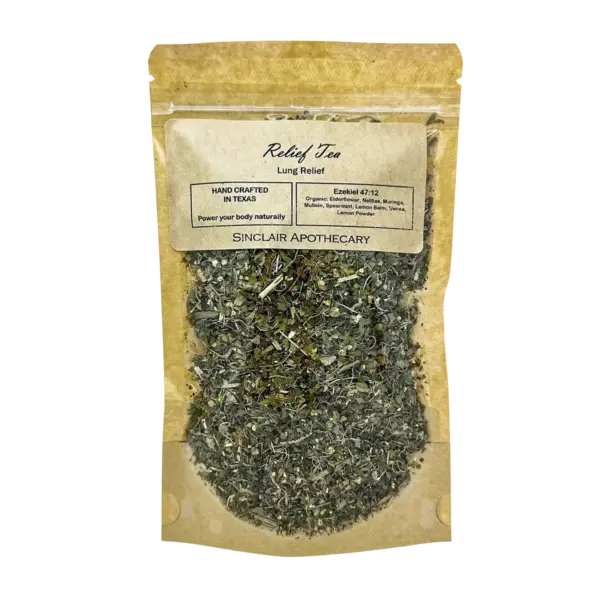 Herbal Lung Relief Tea with Elderflower, Mullein, Moringa, and Citrus, in kraft packaging.