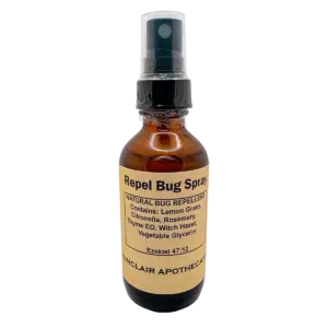 Amber bottle of natural Repel Bug Spray with lemon grass, citronella, rosemary, thyme, witch hazel, glycerin