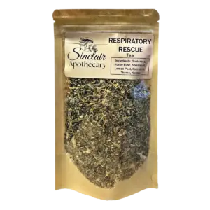 Herbal Respiratory Rescue Tea with goldenrod, mint, lemon peel, calendula, thyme, and nettles for wellness.