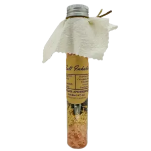 Herbal salt inhaler with Himalayan salt, calendula, elderflower, lavender, and eucalyptus for respiratory wellness.