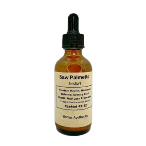 Amber glass dropper bottle of Saw Palmetto Tincture for prostate, hair loss, and urinary health.