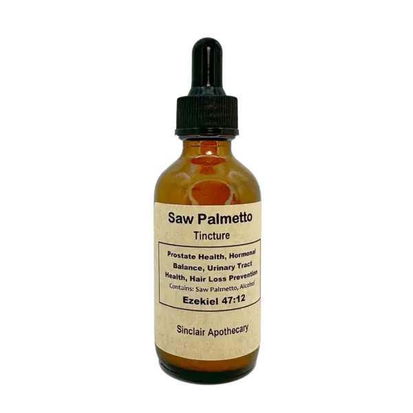 Amber glass dropper bottle of Saw Palmetto Tincture for prostate, hair loss, and urinary health.