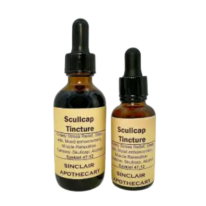 Two amber bottles of Skullcap Tincture with labels highlighting stress relief and relaxation, shown on a neutral background.