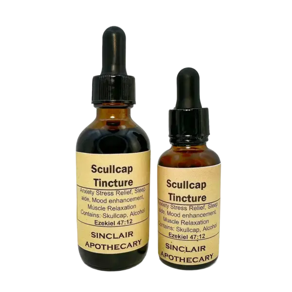 Two amber bottles of Skullcap Tincture with labels highlighting stress relief and relaxation, shown on a neutral background.