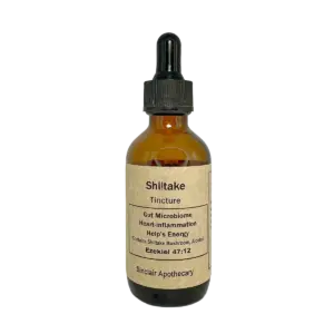 Amber glass bottle of Shiitake Mushroom Tincture with dropper, health benefits, and Sinclair Apothecary label.