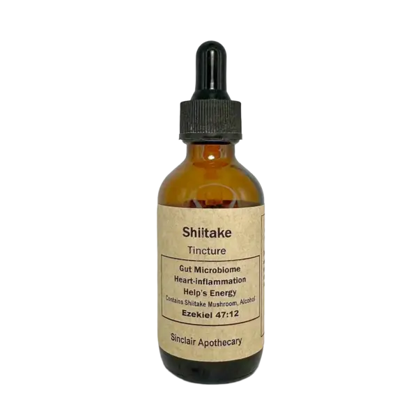 Amber glass bottle of Shiitake Mushroom Tincture with dropper, health benefits, and Sinclair Apothecary label.