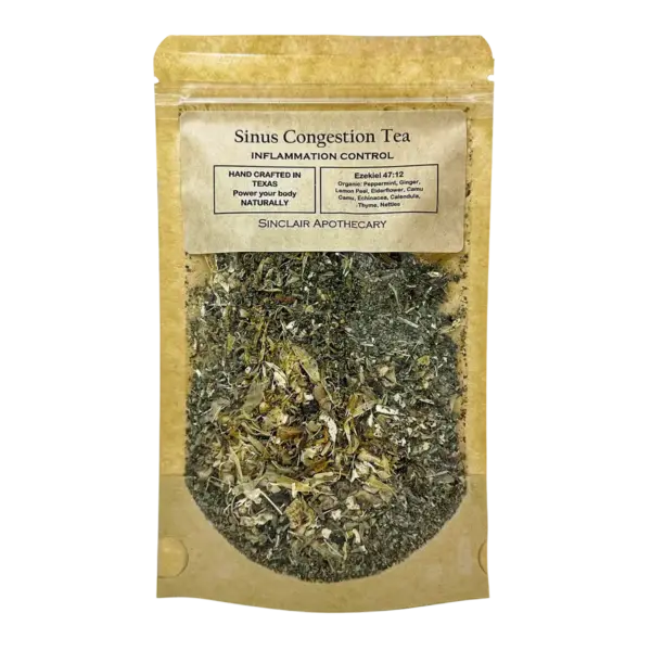 Packaging of Sinus Congestion Tea with herbal blend in eco-friendly kraft paper image.