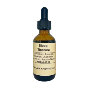 Brown glass sleep tincture bottle with herbal ingredients for relaxation, labeled Sleep Tincture - sleep-tincture_lemon-balm_lavender_rosehips_chamomile_linden_passion-flower_1x1_isolate.webp.