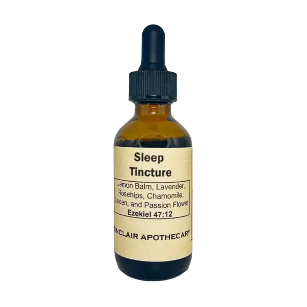 Brown glass sleep tincture bottle with herbal ingredients for relaxation, labeled Sleep Tincture - sleep-tincture_lemon-balm_lavender_rosehips_chamomile_linden_passion-flower_1x1_isolate.webp.