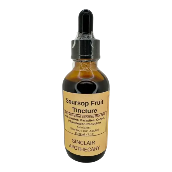 Bottle of Soursop Fruit Tincture with herbal benefits to promote immune support, anti-microbial, and anti-inflammatory.