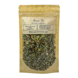 Organic Sunriise Tea with herbs, dried fruit, and vibrant ingredients in eco-friendly packaging.
