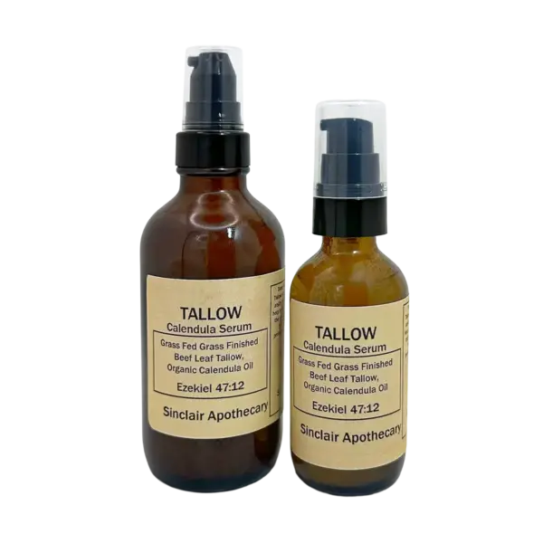 Amber glass bottles of TALLOW Calendula Serum with pump dispensers, featuring natural, organic skincare ingredients.