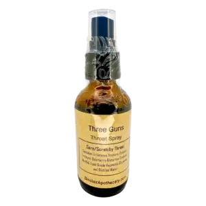 Three Guns Throat Spray with Echinacea and Elderberry Small amber throat spray bottle with herbal ingredients, labeled “Three Guns,” for sore throat relief.